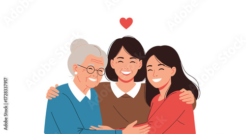 Three generations of women hugging and smiling together with love.