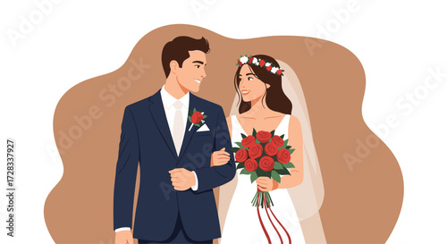 A newly married couple arm in arm on their special day.