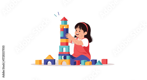 A young girl happily builds a tall tower with colorful blocks creating a fun childhood memory.