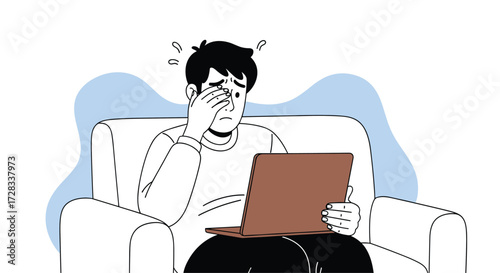 A person rubbing their eyes while looking at a laptop screen.