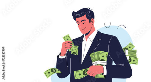 A wealthy businessman confidently handling a large amount of cash in a suit.
