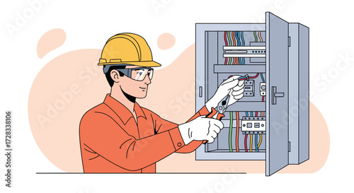 An electrician wearing protective gear works on an electrical panel with wires.