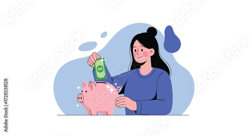 A woman puts money into a piggy bank to save for her future financial goals.