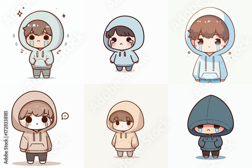 vector illustration set of cartoon little boy wearing hoodie crying
