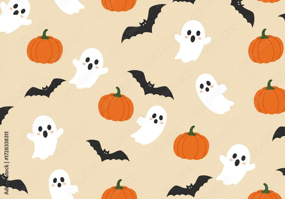 Fototapeta premium Cute Halloween Pattern with Ghosts, Bats, and Pumpkins.