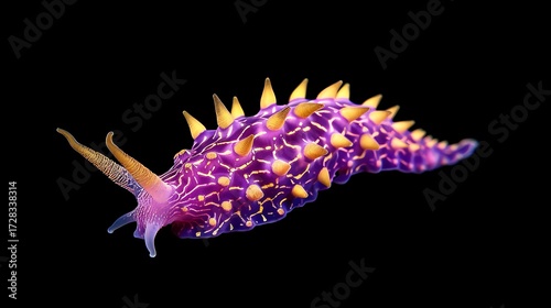 Vibrant purple nudibranch with yellow cerata on a black background