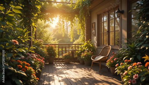 sunlit balcony surrounded by lush green plants and colorful flowers, warm golden sunlight filtering through leaves, peaceful morning atmosphere, cozy and relaxing outdoor setup, beautiful shadows on t