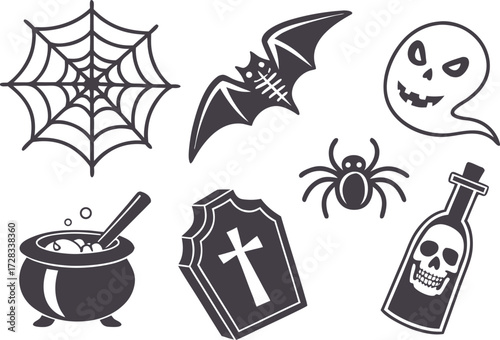 This Halloween party icon set is a vector illustration of cartoon food and drink symbols like a glass and a bottle design in black art