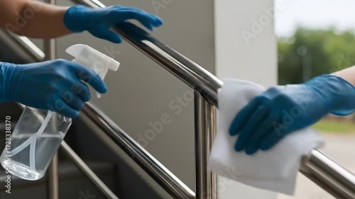 Cleaning metal stair railing with disinfectant