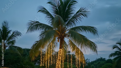 Lit palm tree at dusk; lights cascade down in strands, creating a warm glow