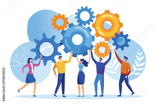 Diverse Team Collaborating Holding Up Interlocking Gears Symbolizing Unity and Teamwork