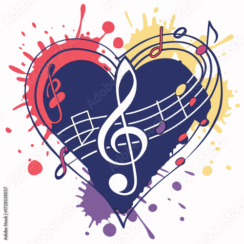 Heart Shaped Music Notes And Colorful Paint Splatters On White Background love treble clef