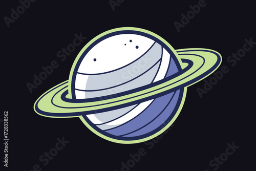Stylized Cartoon Planet Saturn with Rings on a Dark Blue Background space galaxy