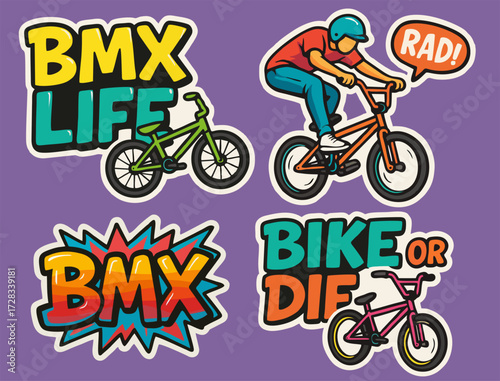 "Colorful BMX stickers set featuring bold text, dynamic bike illustrations, and a rider performing tricks on a vibrant background."