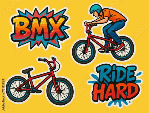 "Colorful BMX stickers set featuring bold text, dynamic bike illustrations, and a rider performing tricks on a vibrant background."
