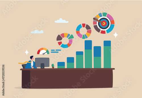 Business metrics success measurement, growth progress diagram research, planning development diagram chart, performance analysis, businessman work with computer with business measuring metrics.