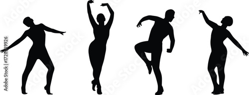 Ballet dancer silhouettes, graceful movement, expressive poses, black vector illustration, dance icons, elegance, posture, flexibility, performance art, minimal style