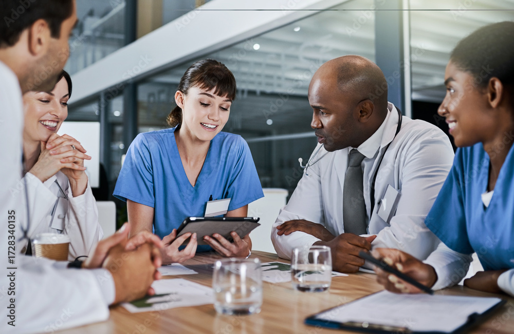 Fototapeta premium Tablet, meeting and team of doctors in hospital with planning for medical treatment in collaboration. Technology, discussion and group of healthcare workers with research for surgery in clinic.