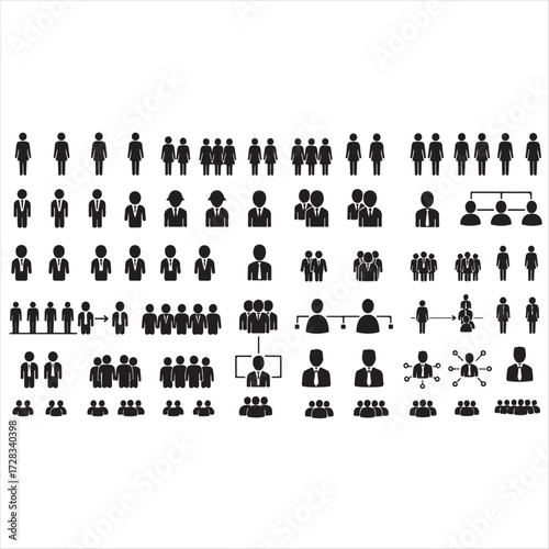 People icons. Human silhouettes representing groups, teams, and families, organizational networks for business and employee infographics, and social demographics charts. Isolated vector set 