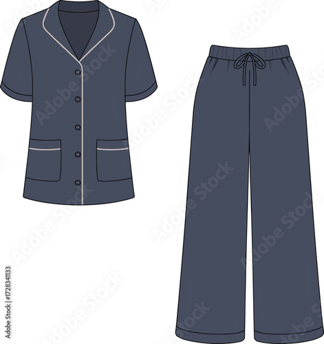 Cartoon-style pajama set vector, short-sleeve button-up top and drawstring pants with piping, editable sleepwear illustration for fashion and design