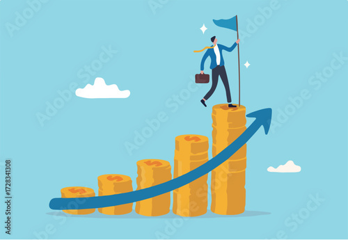 Financial success, profit or compound interest to grow investment fund and reach goal, income or wealth accumulation, stock market earning concept, businessman holding success flag on money stack.