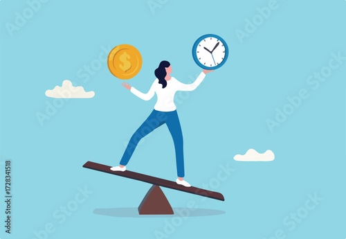 Time and money balance, weight between work and life, long term investment or savings, control or make decision concept, cheerful business woman balance between time clock and dollar money on seesaw.