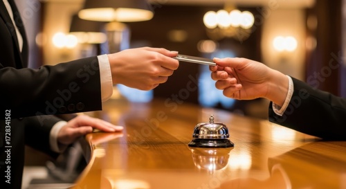 Hotel guest receives key card from concierge at check-in counter with service bell