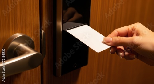 Hand inserts hotel key card into door lock for room access and security