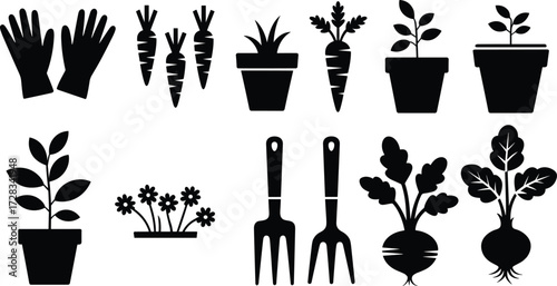 Gardening silhouette vector set, cartoon-style icons of gloves, carrots, potted plants, tools, and vegetables, editable nature elements for design use