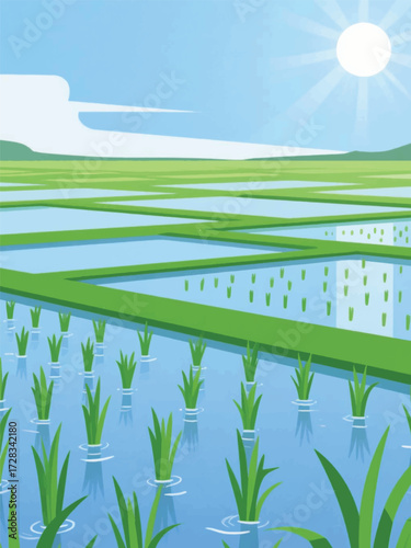 Hot Sun in the Rice Fields Illustrator Artwork Design Template Poster