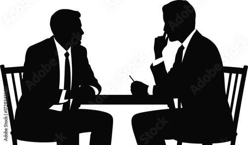 Silhouette vector of professional meeting, two businesspeople seated at table in suits, editable interview or negotiation icon for corporate use 