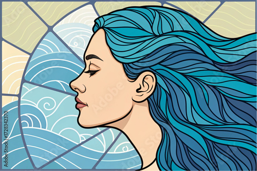 Artistic Retro Futuristic Portrait of a Woman with Blue Wavy Hair Banner Background