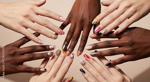Diverse Hands with Colorful Nail Art.