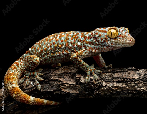 A vibrant gecko perched on a dark branch against a black background, showcasing intricate skin patterns and textures