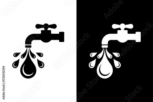 Minimalist Faucet Silhouette. Plumbing Water Tap with Droplet Vector Design