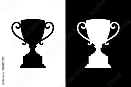 First Place Award Cup Silhouette. Trophy, Medal, Winner Icon in Black White background