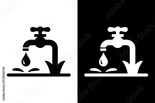 Water Faucet Icon Silhouette. Plumbing Tap with Droplet Vector Illustration