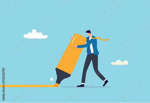 Marker or highlight important information, reminder or note for business message, plan for success, agenda and appointment concept, serious businessman highlight important marker with highlighter pen.