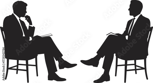 Professional conversation silhouette vector, two people in formal attire seated face-to-face, business meeting or interview scene, editable black icon set