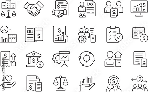 Collection of business and finance themed line art icons on a white background pattern design set Business and Finance Icons Line Art Set