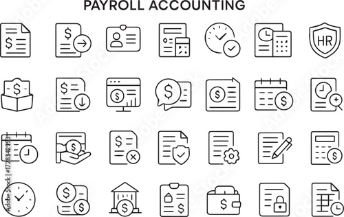 ACCOUNTING - thin line vector icon set. Pixel perfect. Editable stroke The set contains icons: Accountancy Income  Tax Refunds Financial Report Savings Financial Planning.