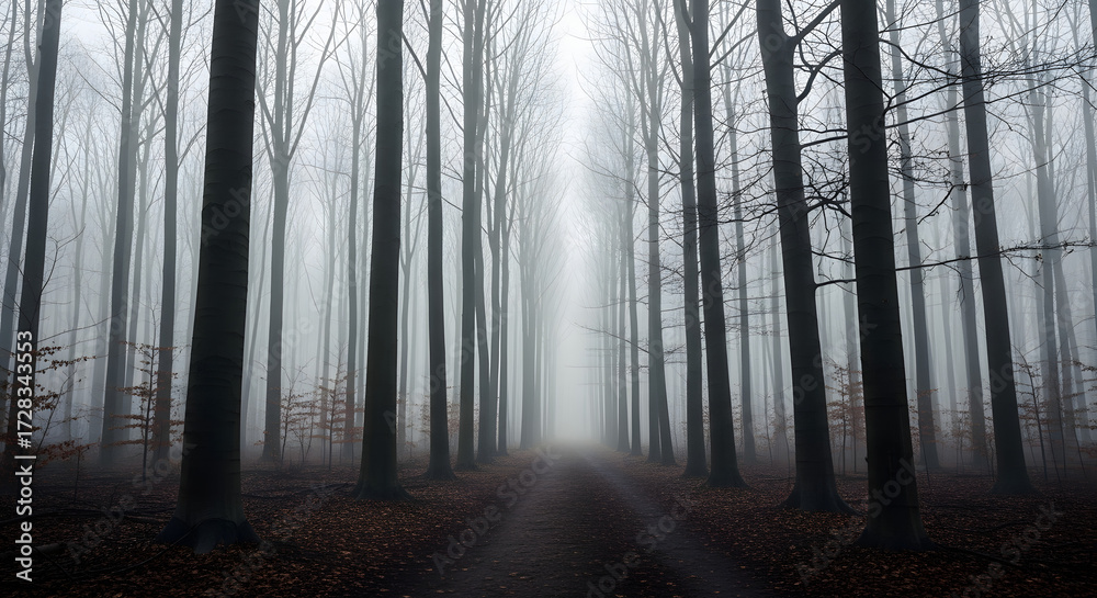 Fototapeta premium A mysterious, foggy forest path lined by tall, bare trees in a muted, atmospheric landscape.