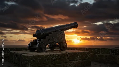 Cannon on stone wall against a fiery sunset sky, dramatic and historical looking