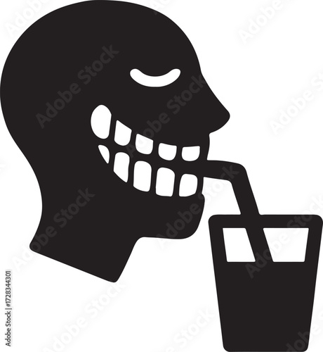 Face drinking juice with teeth silhouette icon, healthy beverage and lifestyle design for kids and adults.