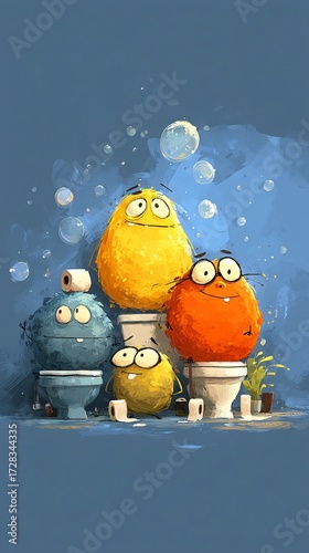 Fun and Whimsical Cartoon Characters with Toilets and Bubbles