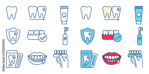 Collection of teeth whitening Icons on Light Background Featuring Teeth, Toothpaste, Toothbrush, Dental Shield, Gums, and Smiling Mouth in Outline and Color Styles