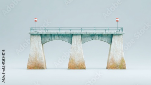 A bridge with three pillars and two red and white flags on top