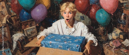 Surprised Child Unwrapping Gift with Colorful Balloons in Background