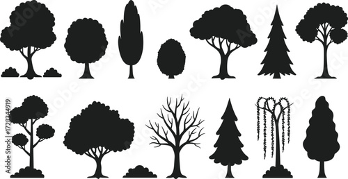 Tree silhouette vector set, diverse tree shapes illustration, black botanical icons, editable forest elements, broadleaf and coniferous trees, landscape design asset