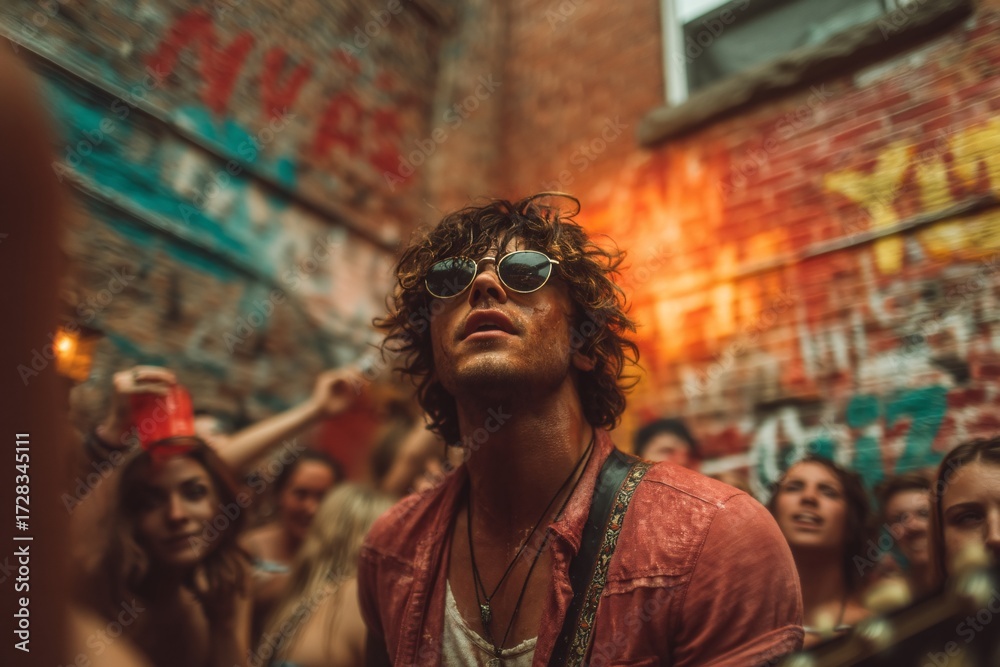 Fototapeta premium Energetic Live Music Performance in Urban Alleyway with Fans